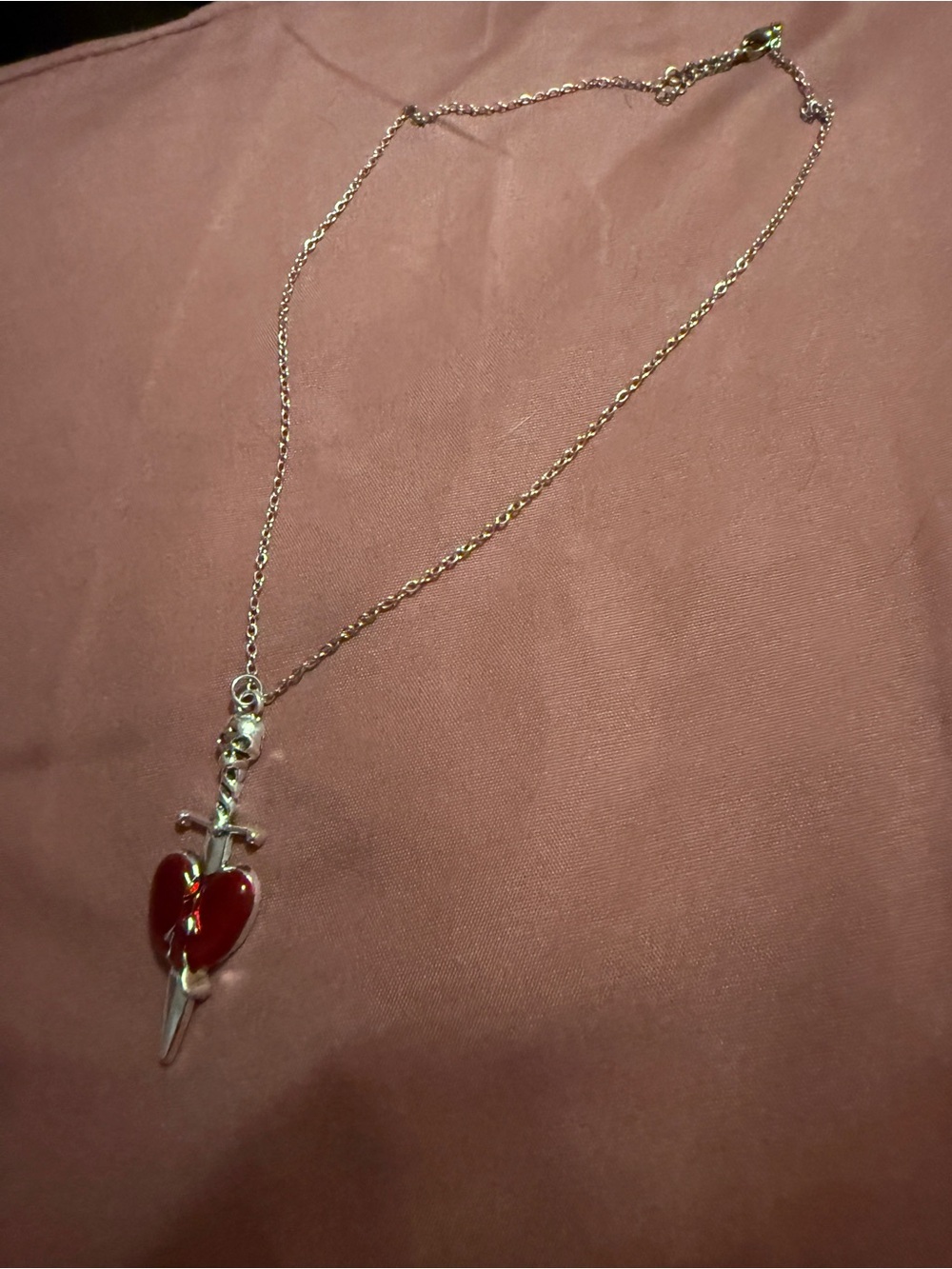 Silver Pendant Necklace with Red Heart and Sword Charm